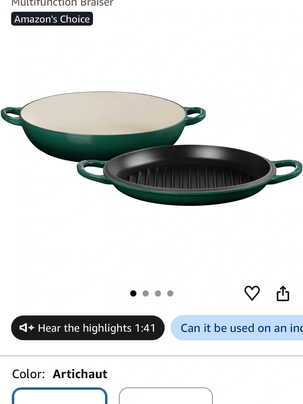 Le Creuset Green Cast Iron Braiser with Grill Pan Lid
